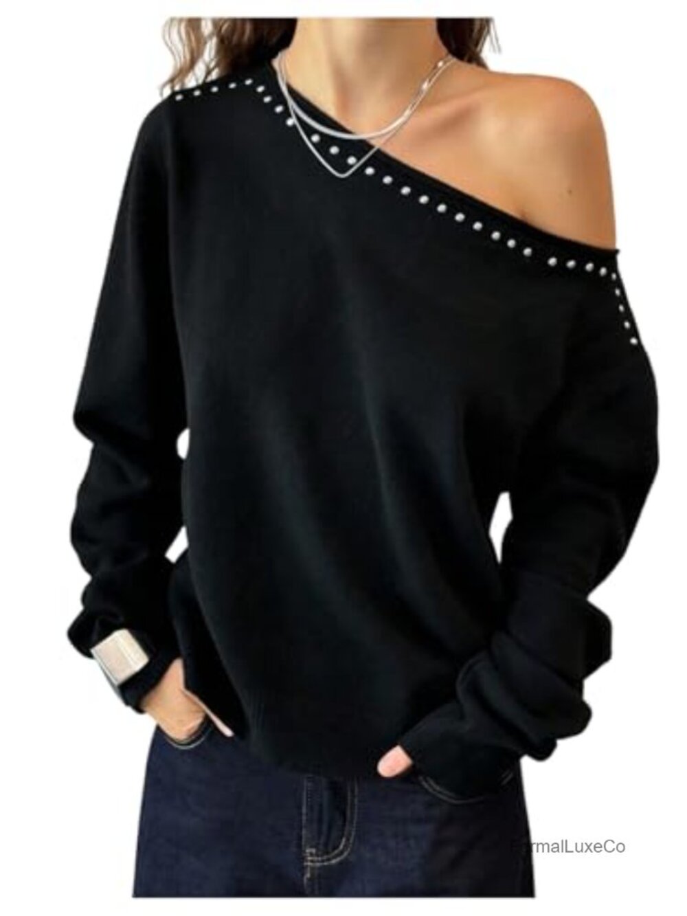 Off The Shoulder Long Sleeve Knit Sweater Asymmetrical Neck Rhinestone Pullover